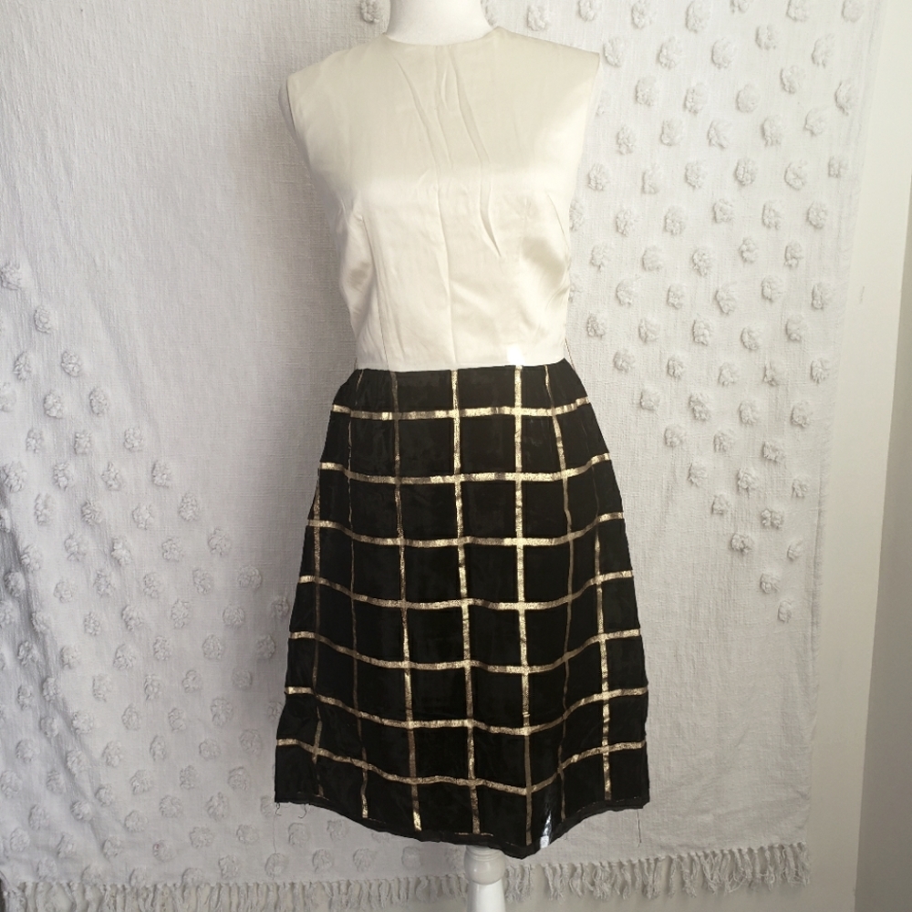 Vintage 60's Pandemonium! White Silk With Black & Gold Velvet Dress